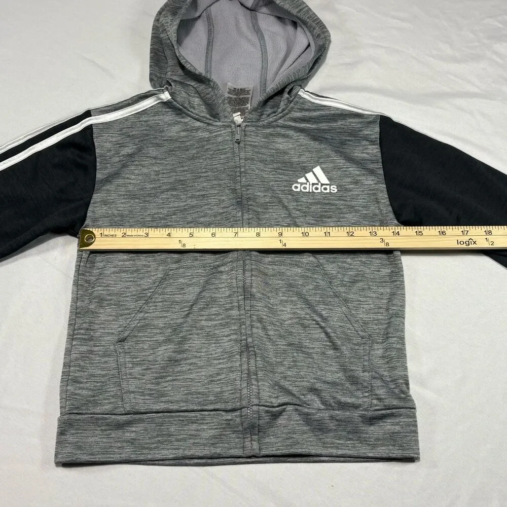 Adidas Boys Size 6 Hooded Full Zip Jacket Charcoal Heather Gray Black Hoodie